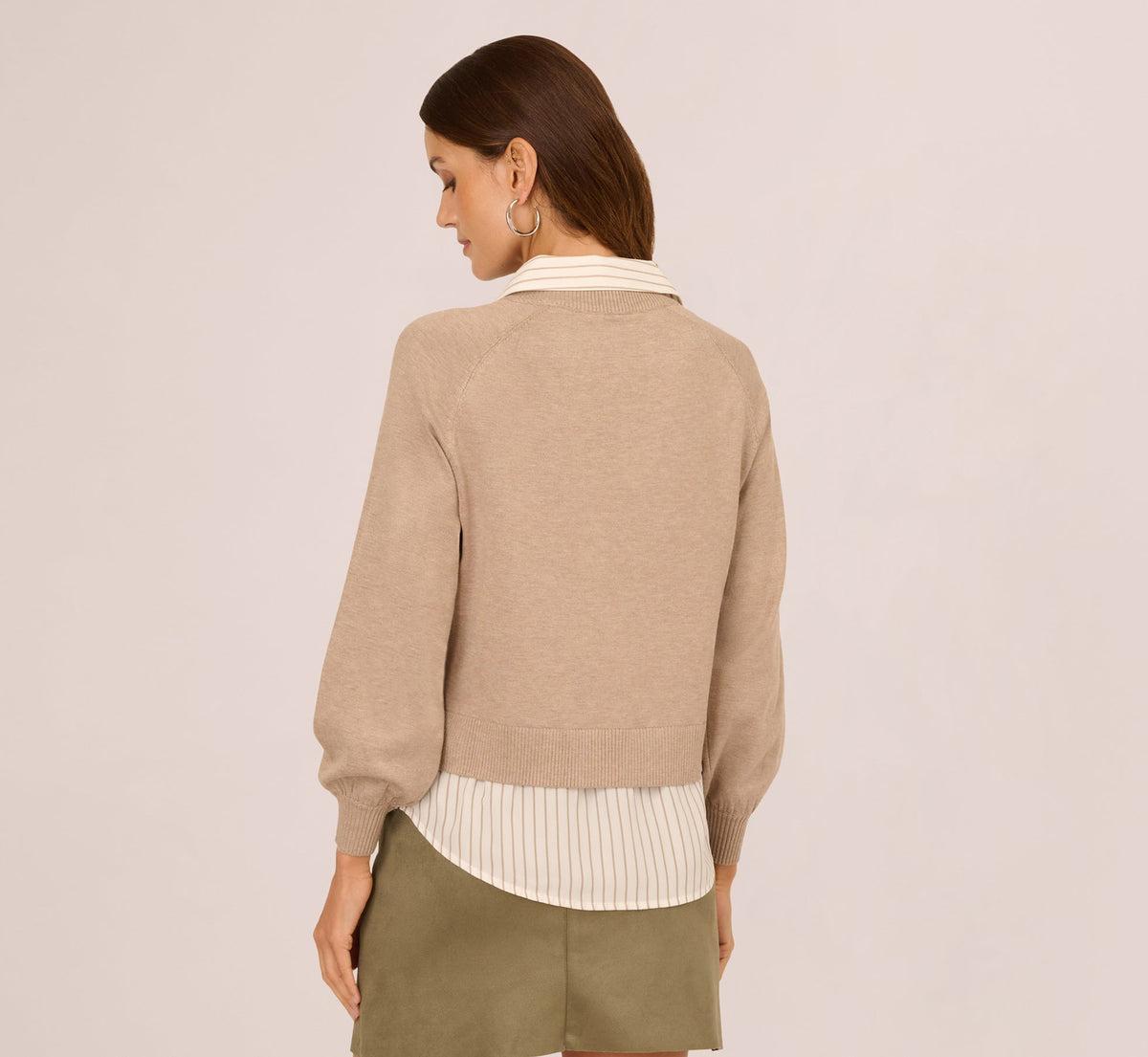 Long Sleeve Collared Printed Twover Sweater - H. Oatmeal W  Staple Stripe | Adrianna Papell