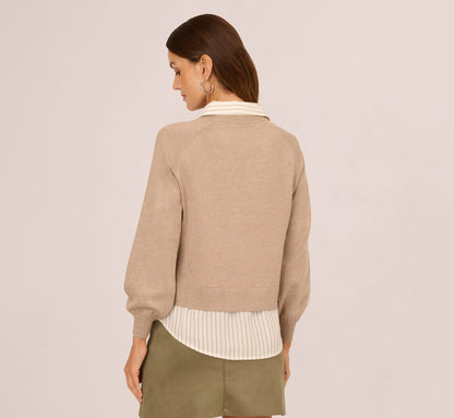 Long Sleeve Collared Printed Twover Sweater - H. Oatmeal W  Staple Stripe | Adrianna Papell