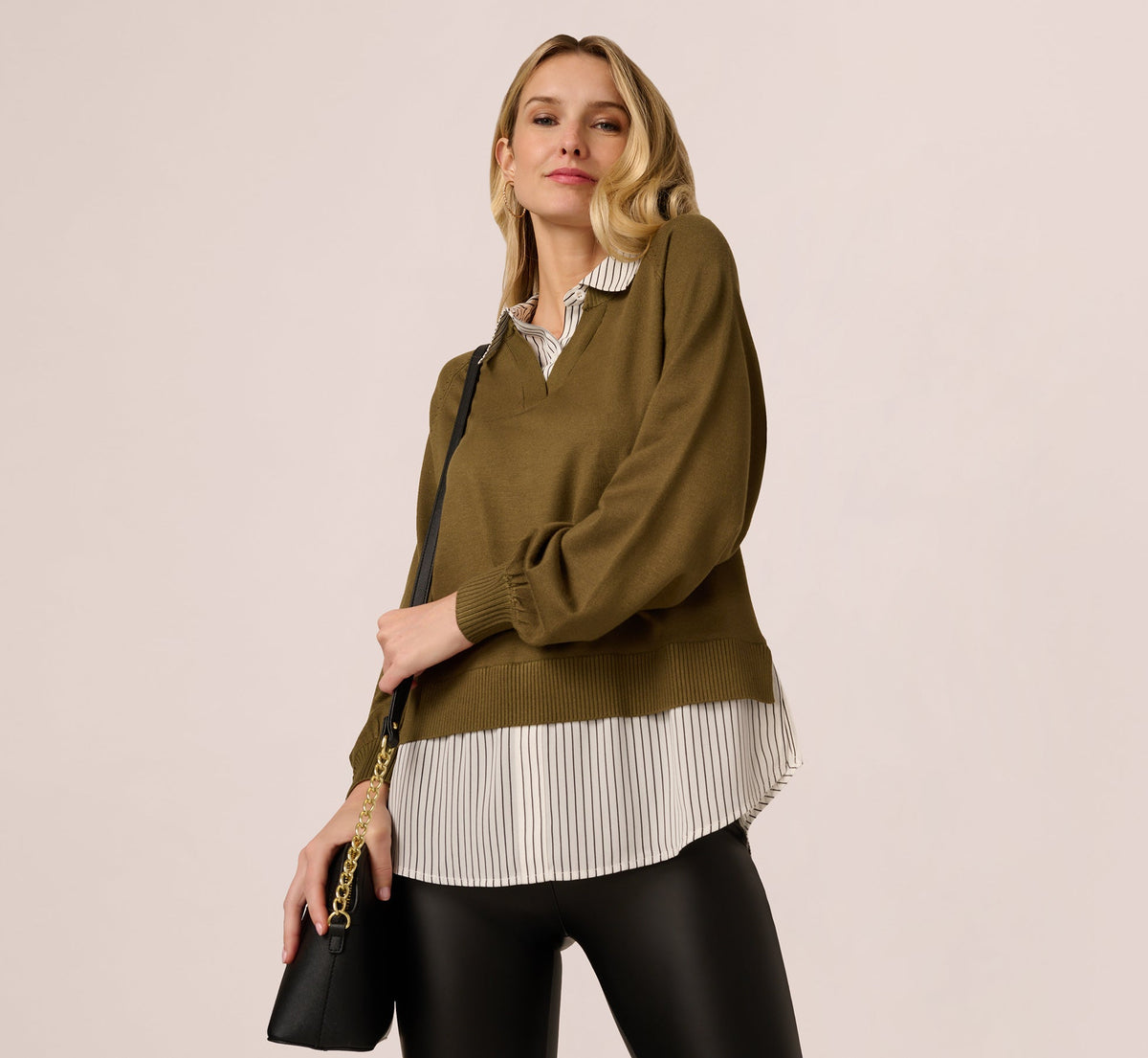 Long Sleeve Collared Printed Twover Sweater - Oak Olive W Iv Blministripe | Adrianna Papell