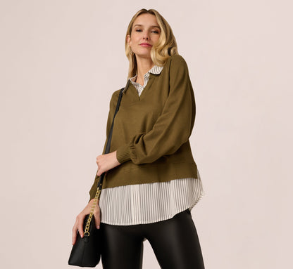 Long Sleeve Collared Printed Twover Sweater - Oak Olive W Iv Blministripe | Adrianna Papell