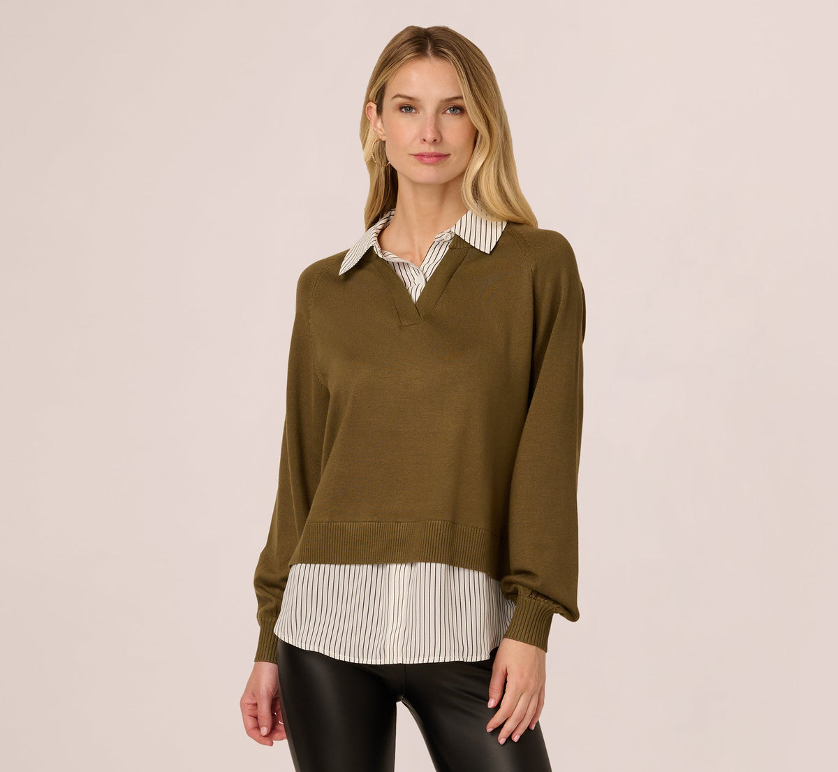 Long Sleeve Collared Printed Twover Sweater - Oak Olive W Iv Blministripe | Adrianna Papell