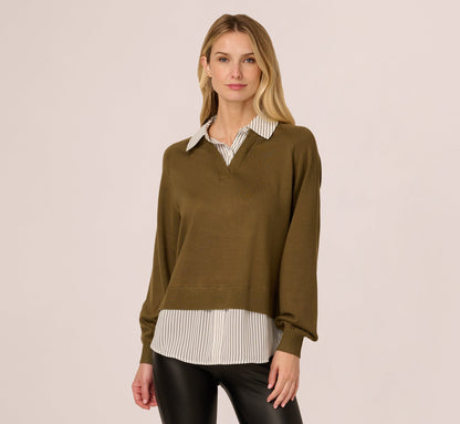 Long Sleeve Collared Printed Twover Sweater - Oak Olive W Iv Blministripe | Adrianna Papell