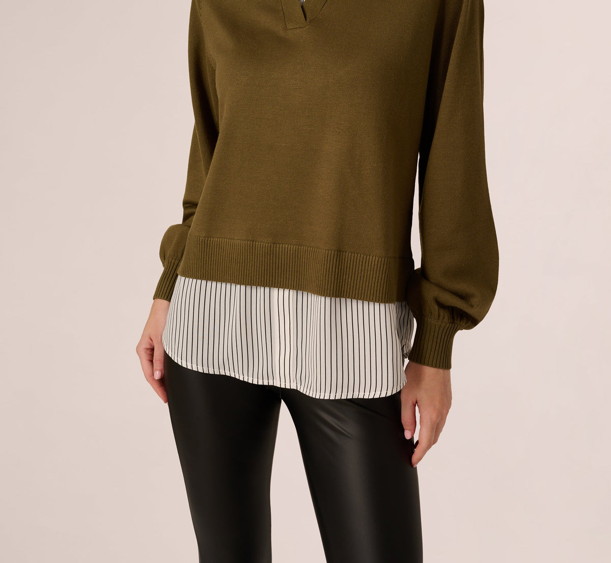 Long Sleeve Collared Printed Twover Sweater - Oak Olive W Iv Blministripe | Adrianna Papell