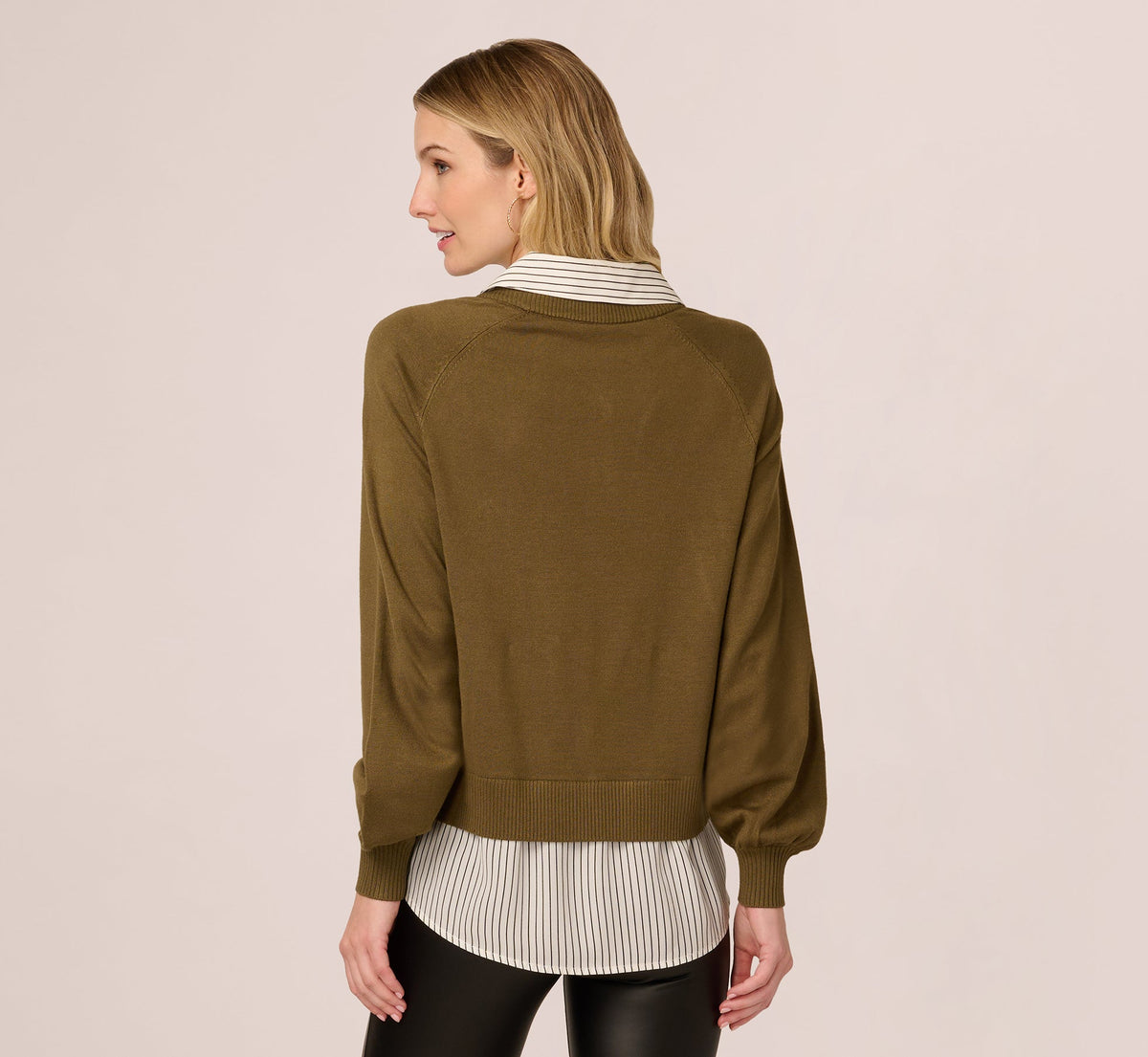 Long Sleeve Collared Printed Twover Sweater - Oak Olive W Iv Blministripe | Adrianna Papell