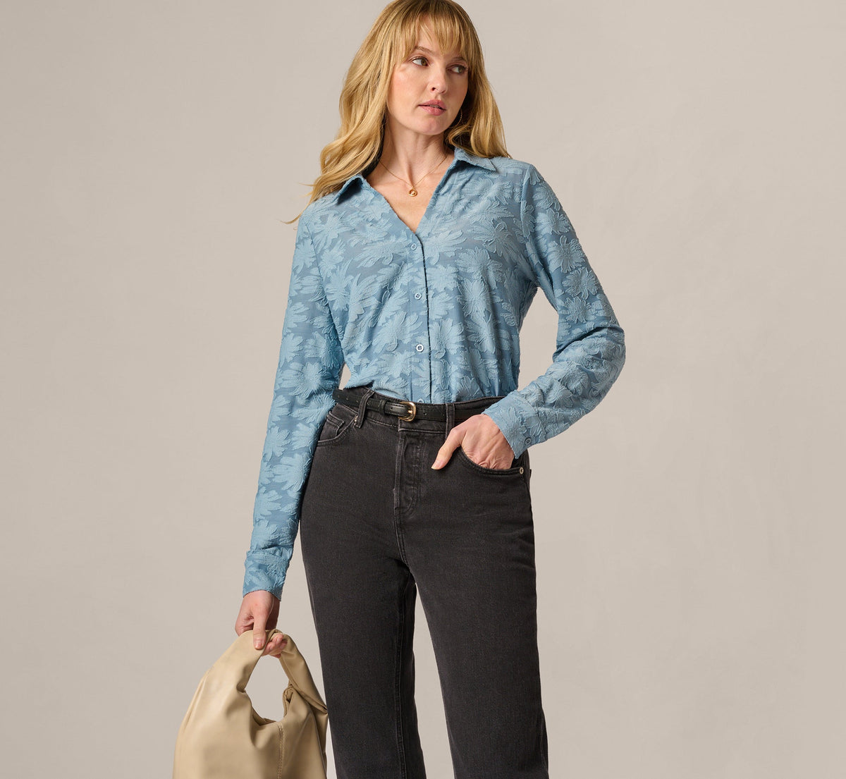 Long Sleeve Semisheer Burnout Floral Blouse - Stone Blue | Adrianna Papell