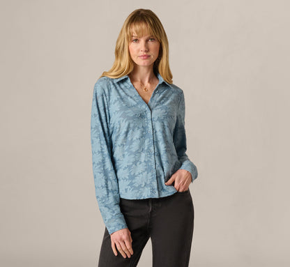 Long Sleeve Semisheer Burnout Floral Blouse - Stone Blue | Adrianna Papell