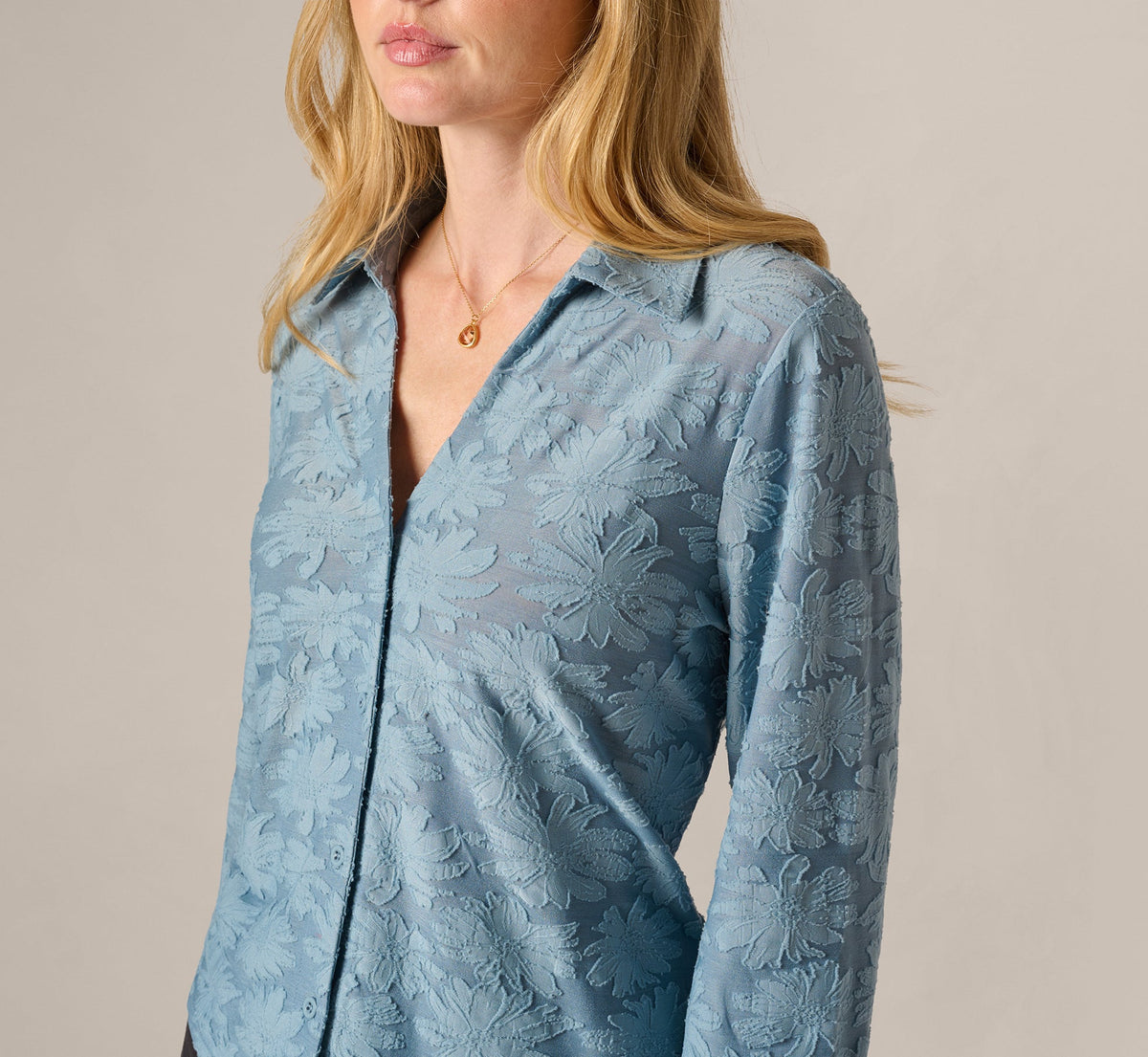 Long Sleeve Semisheer Burnout Floral Blouse - Stone Blue | Adrianna Papell