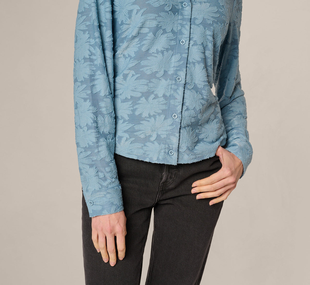 Long Sleeve Semisheer Burnout Floral Blouse - Stone Blue | Adrianna Papell