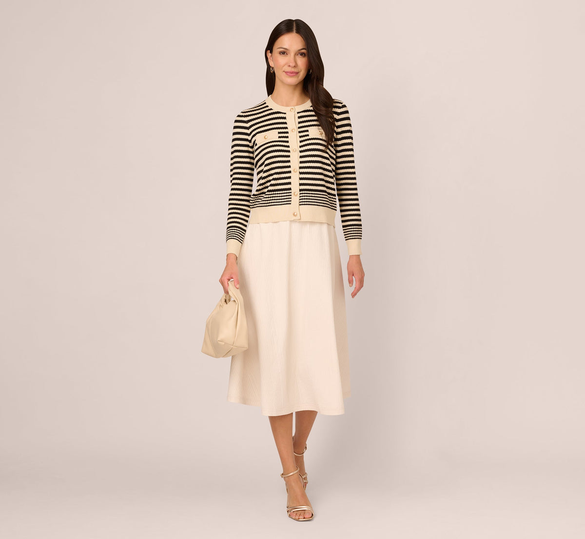 Crew Neck Button Front Striped Pointelle Cardigan Sweater - Cream Black | Adrianna Papell