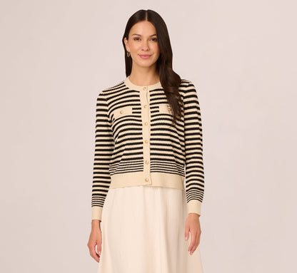 Crew Neck Button Front Striped Pointelle Cardigan Sweater - Cream Black | Adrianna Papell