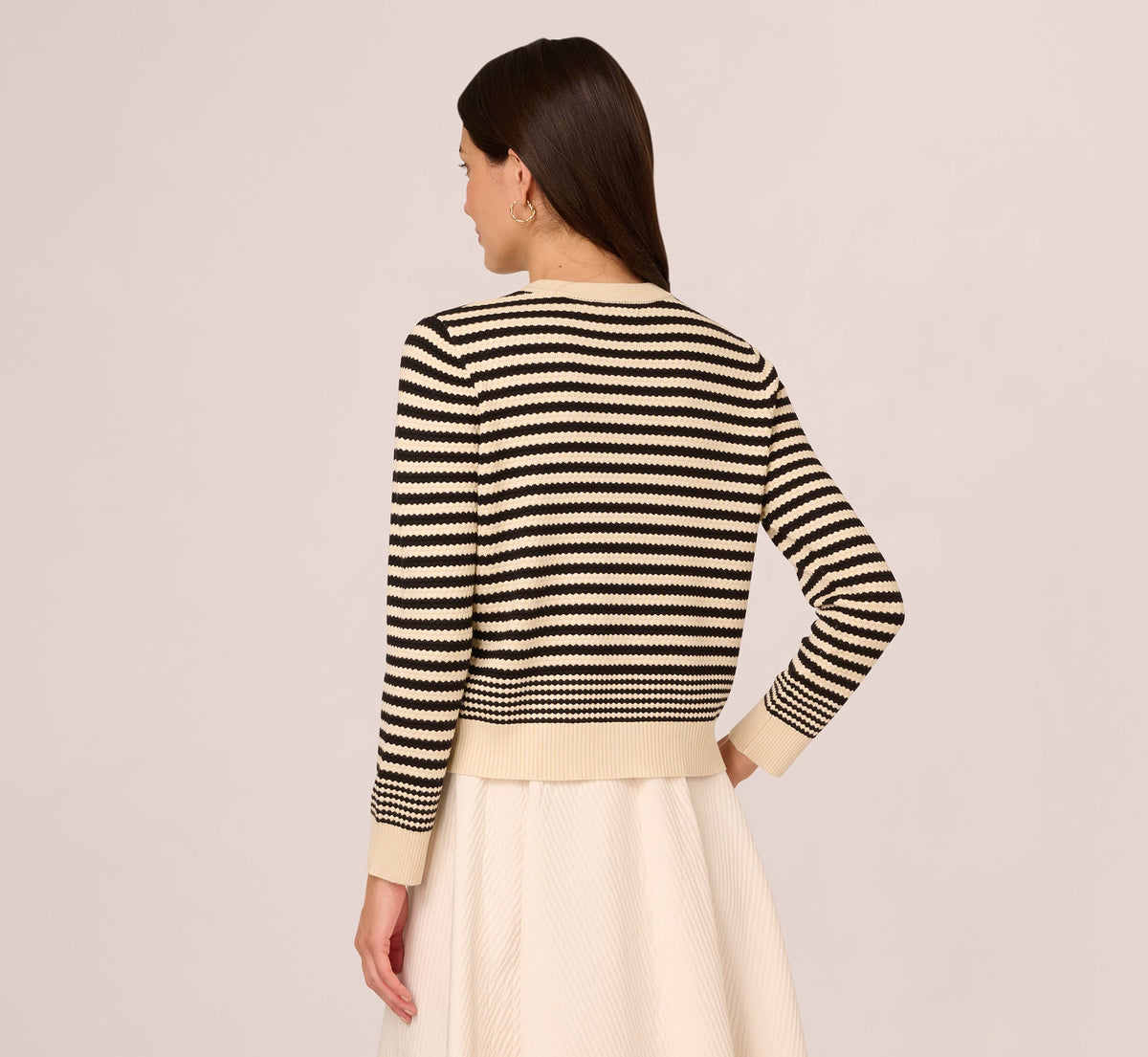 Crew Neck Button Front Striped Pointelle Cardigan Sweater - Cream Black | Adrianna Papell