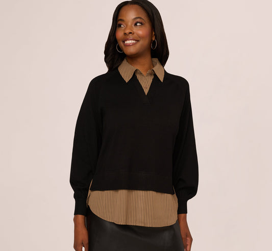 Long Sleeve Collared Printed Twover Sweater - Black W  Mocha Petite Stripe | Adrianna Papell