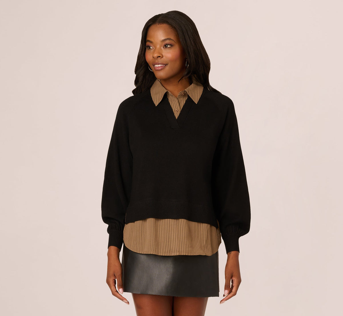 Long Sleeve Collared Printed Twover Sweater - Black W  Mocha Petite Stripe | Adrianna Papell