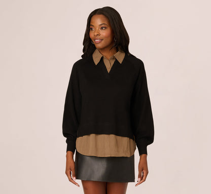 Long Sleeve Collared Printed Twover Sweater - Black W  Mocha Petite Stripe | Adrianna Papell