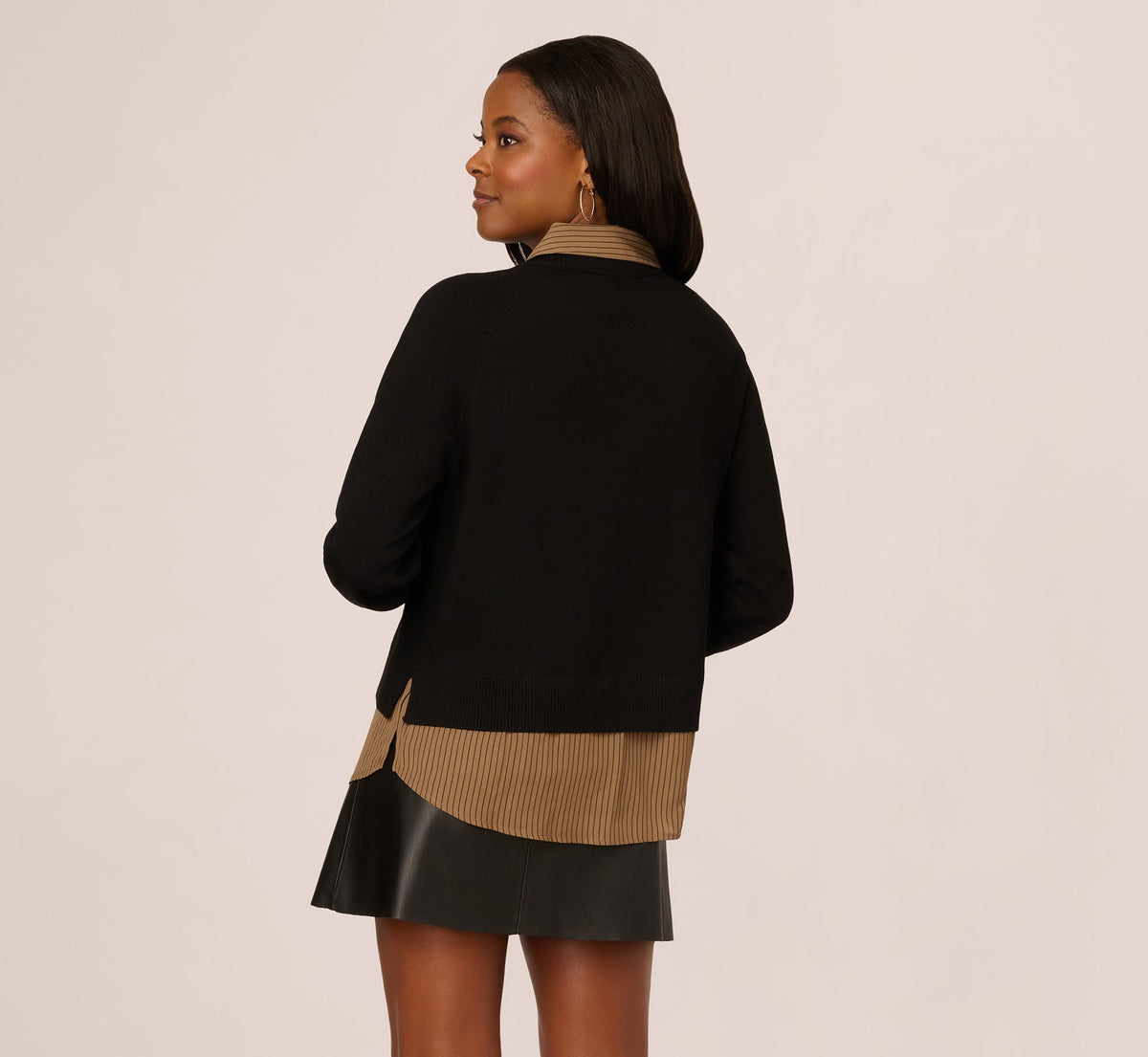Long Sleeve Collared Printed Twover Sweater - Black W  Mocha Petite Stripe | Adrianna Papell