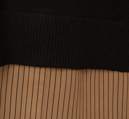 Long Sleeve Collared Printed Twover Sweater - Black W  Mocha Petite Stripe | Adrianna Papell