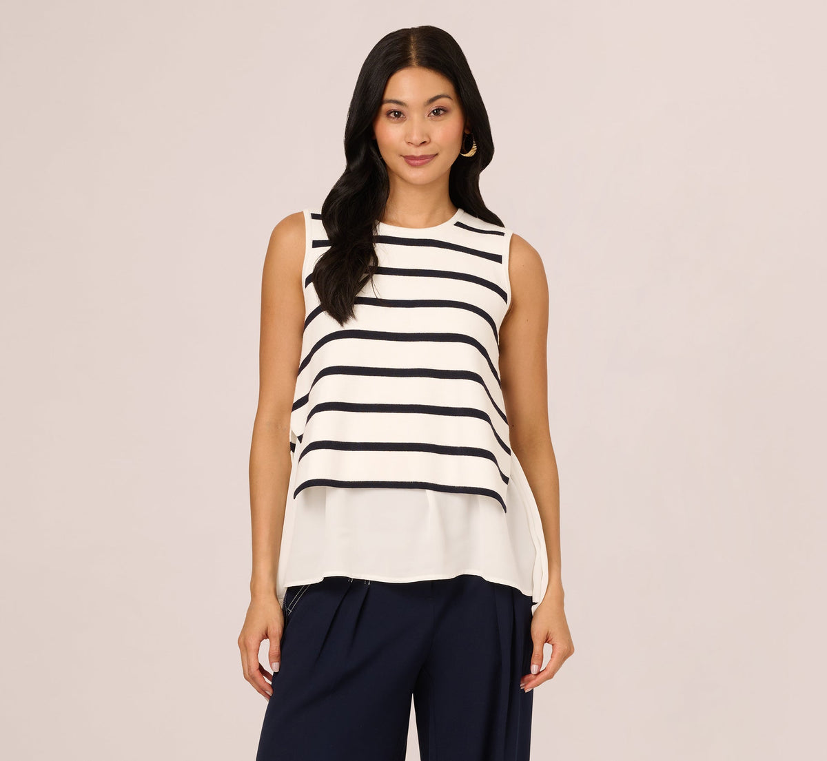 Tie Back Twofer Tank Sweater - Ivory Navy W  Ivory | Adrianna Papell