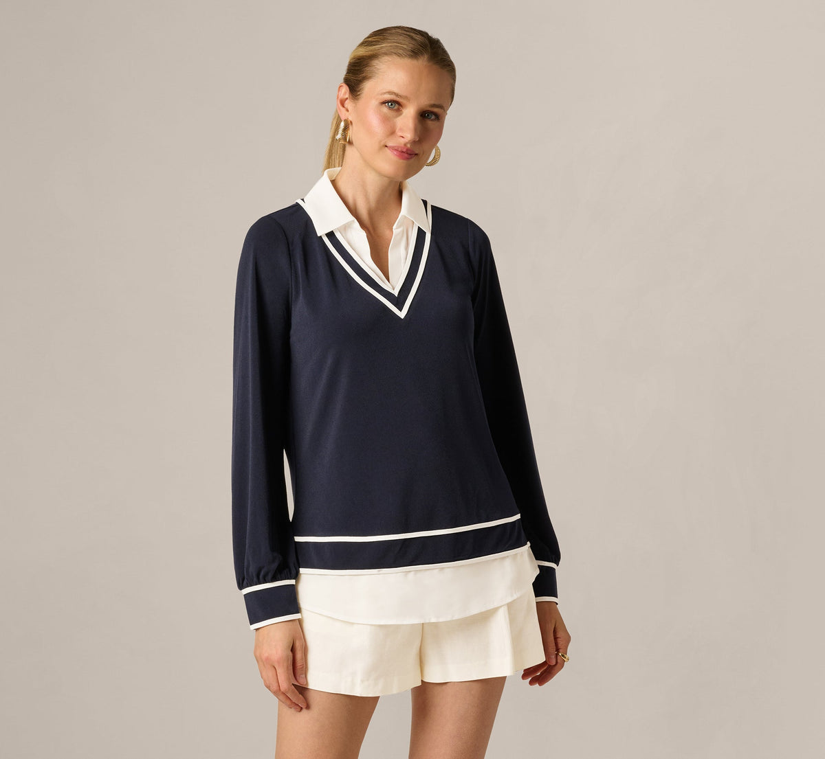 Long Sleeve Collared Twofer Tipped Sweater - Navy Ivory W  Ivory | Adrianna Papell