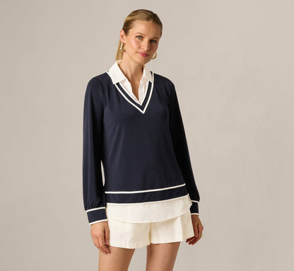Long Sleeve Collared Twofer Tipped Sweater - Navy Ivory W  Ivory | Adrianna Papell
