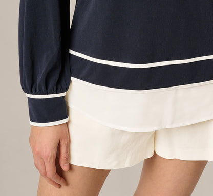 Long Sleeve Collared Twofer Tipped Sweater - Navy Ivory W  Ivory | Adrianna Papell