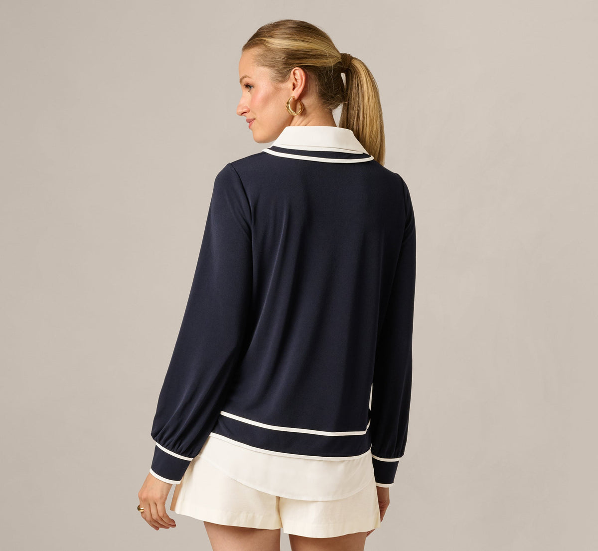 Long Sleeve Collared Twofer Tipped Sweater - Navy Ivory W  Ivory | Adrianna Papell