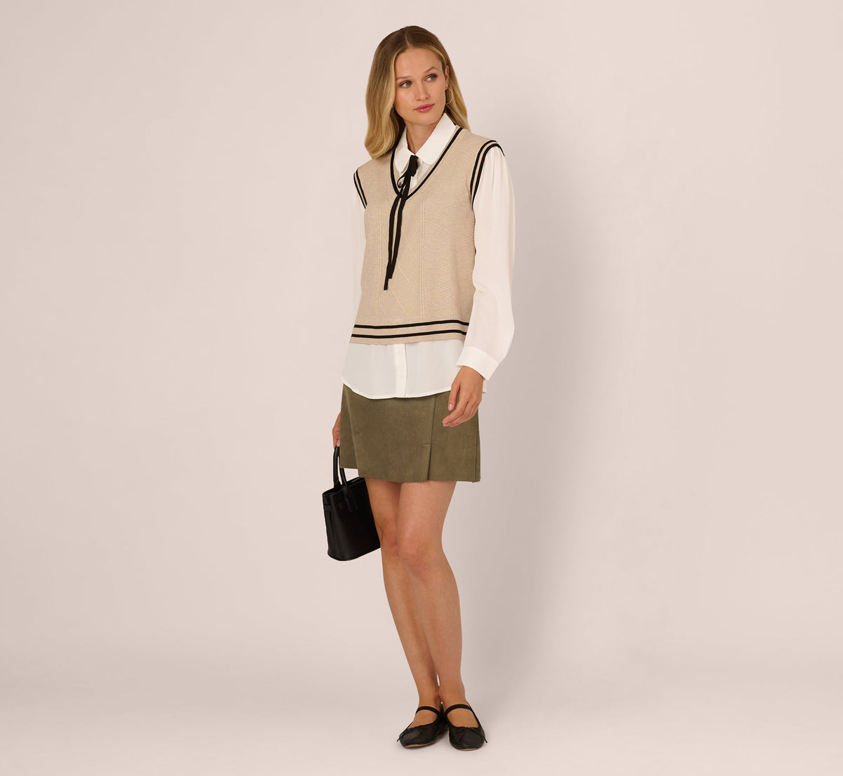 Long Sleeve Tie Neck Sweater Vest Twofer Top - Neutral Black | Adrianna Papell