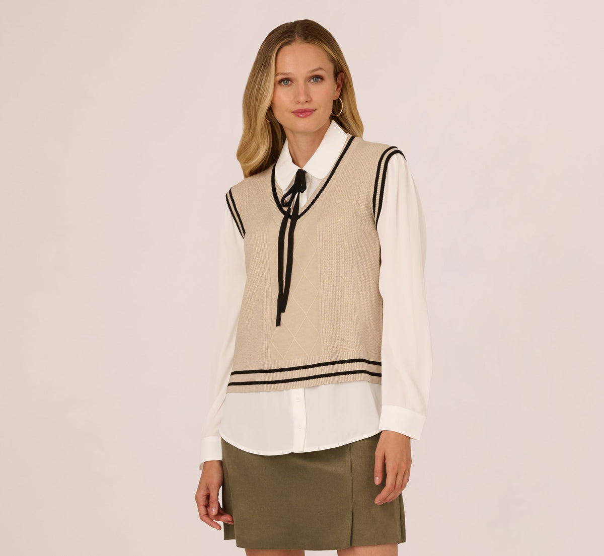 Long Sleeve Tie Neck Sweater Vest Twofer Top - Neutral Black | Adrianna Papell