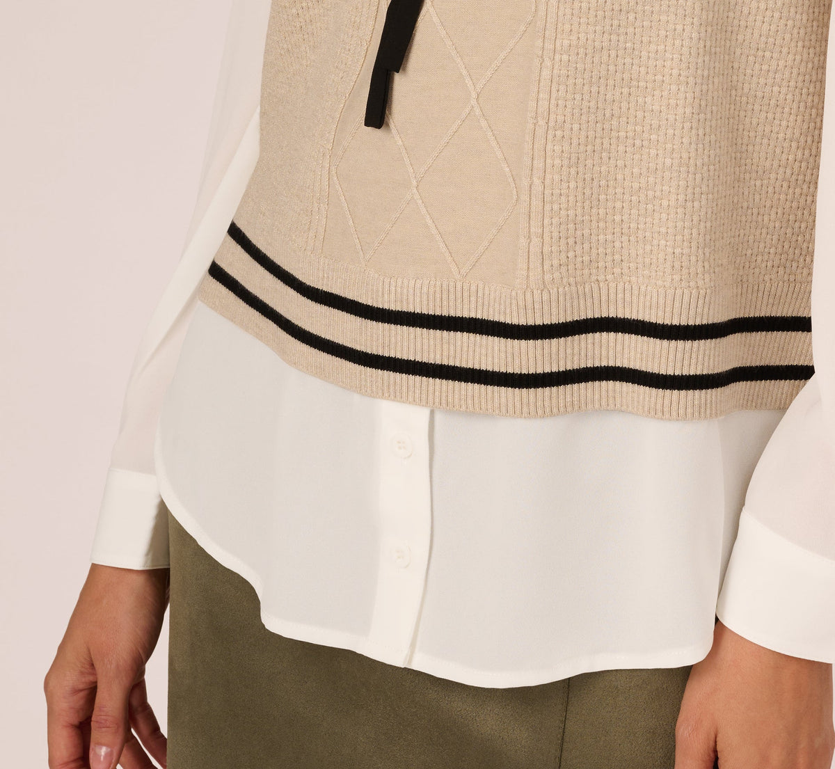 Long Sleeve Tie Neck Sweater Vest Twofer Top - Neutral Black | Adrianna Papell