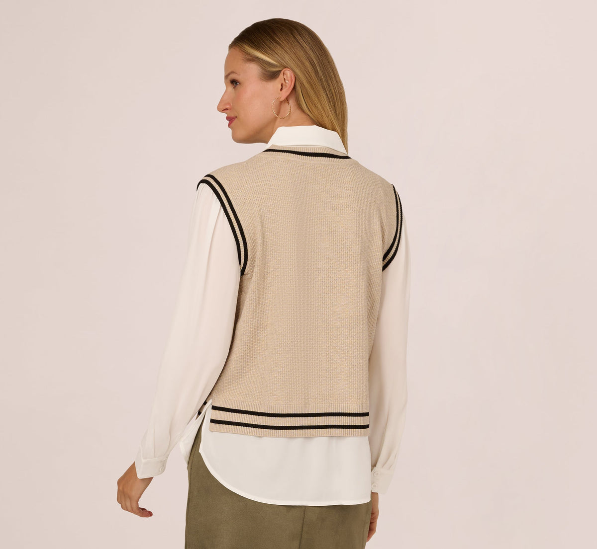 Long Sleeve Tie Neck Sweater Vest Twofer Top - Neutral Black | Adrianna Papell