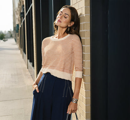 Three Quarter Sleeve Stripe Knit Sweater Top - Cream Camel | Adrianna Papell