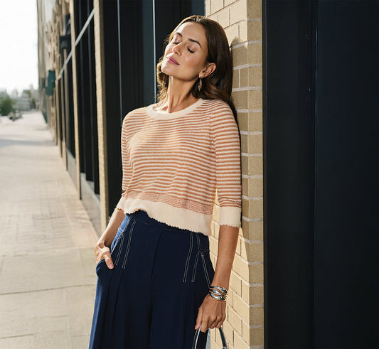 Three Quarter Sleeve Stripe Knit Sweater Top - Cream Camel | Adrianna Papell