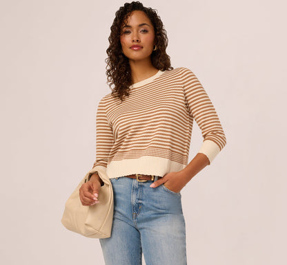 Three Quarter Sleeve Stripe Knit Sweater Top - Cream Camel | Adrianna Papell