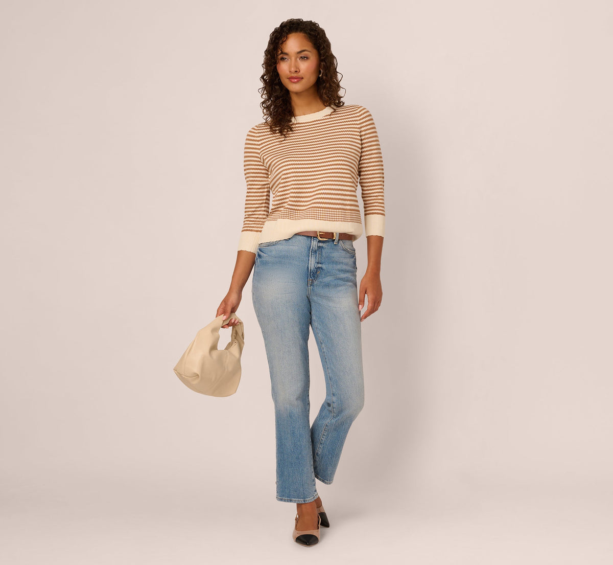 Three Quarter Sleeve Stripe Knit Sweater Top - Cream Camel | Adrianna Papell