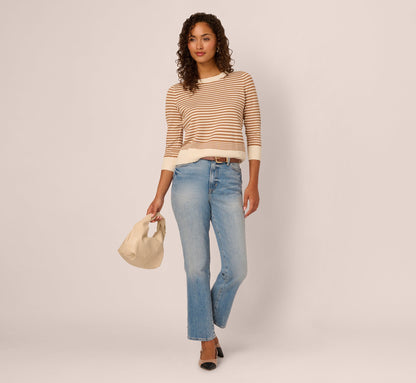 Three Quarter Sleeve Stripe Knit Sweater Top - Cream Camel | Adrianna Papell