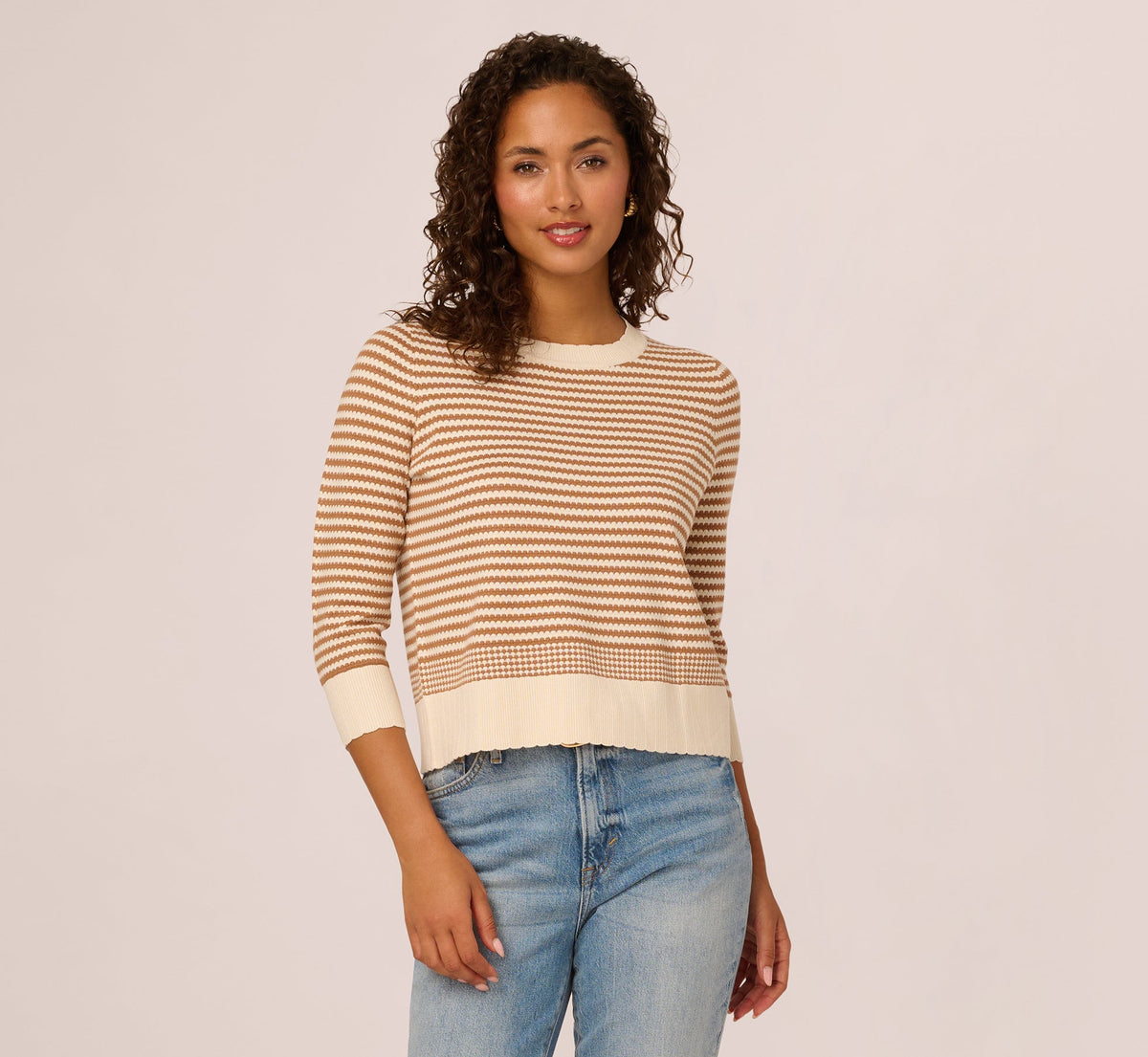 Three Quarter Sleeve Stripe Knit Sweater Top - Cream Camel | Adrianna Papell