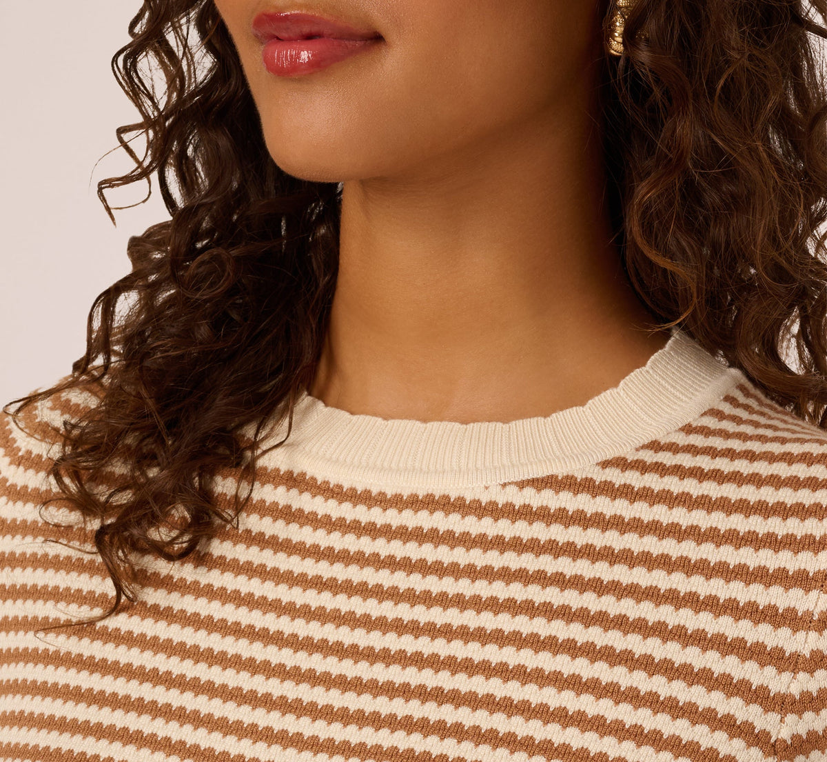 Three Quarter Sleeve Stripe Knit Sweater Top - Cream Camel | Adrianna Papell