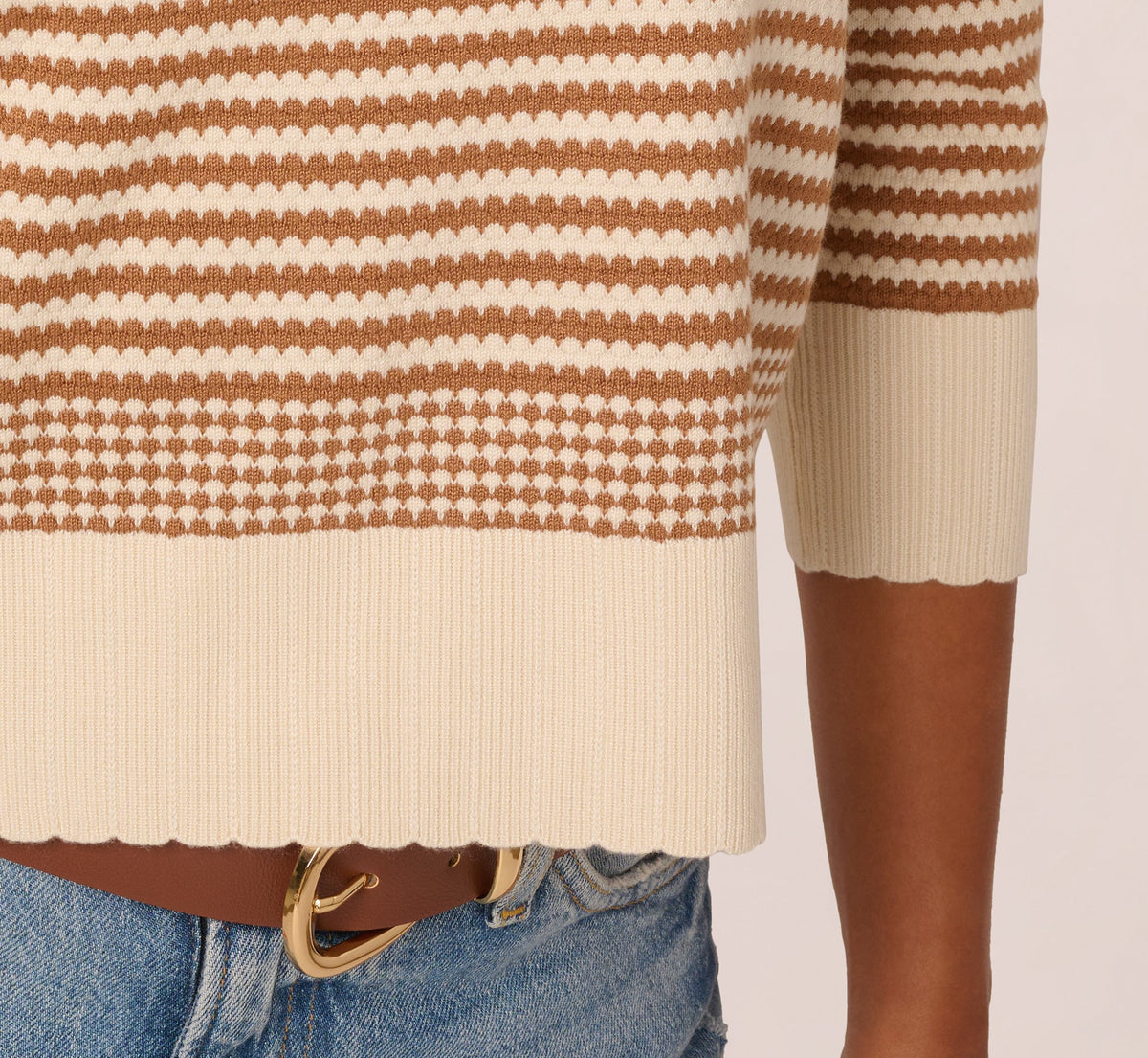 Three Quarter Sleeve Stripe Knit Sweater Top - Cream Camel | Adrianna Papell