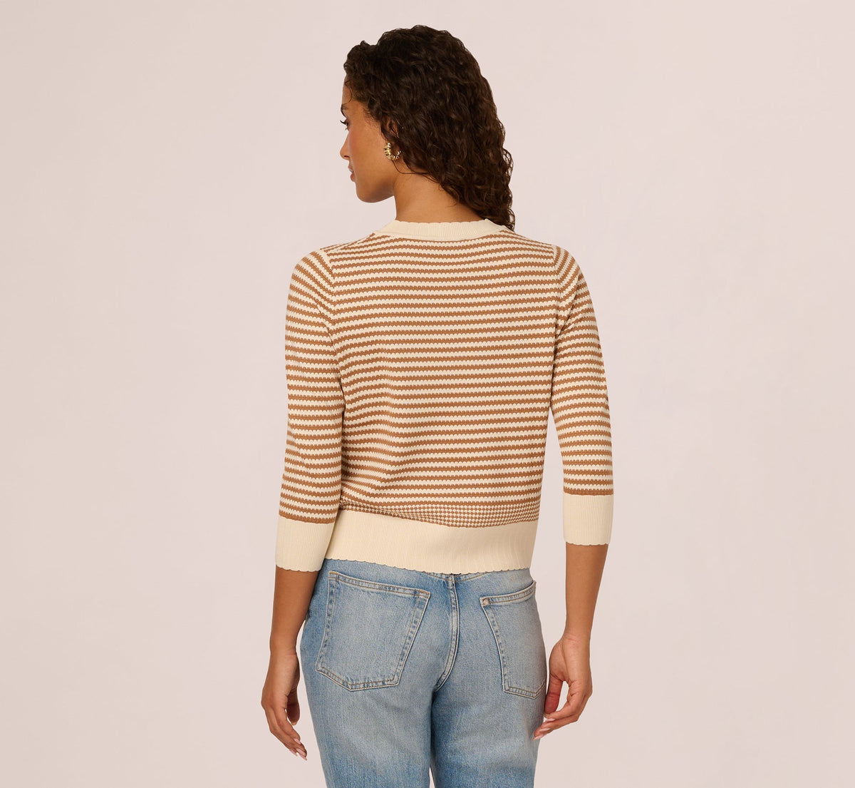 Three Quarter Sleeve Stripe Knit Sweater Top - Cream Camel | Adrianna Papell