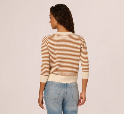 Three Quarter Sleeve Stripe Knit Sweater Top - Cream Camel | Adrianna Papell