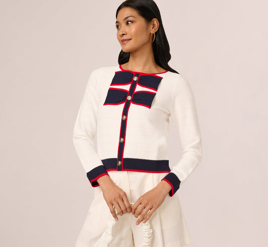 Long Sleeve Contrast Tipped Bow Sweater - Ivory Navy Red | Adrianna Papell
