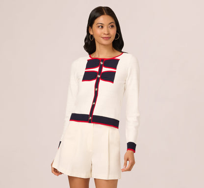 Long Sleeve Contrast Tipped Bow Sweater - Ivory Navy Red | Adrianna Papell
