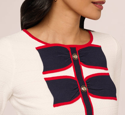Long Sleeve Contrast Tipped Bow Sweater - Ivory Navy Red | Adrianna Papell
