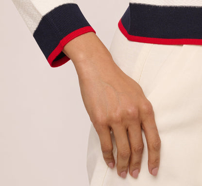 Long Sleeve Contrast Tipped Bow Sweater - Ivory Navy Red | Adrianna Papell