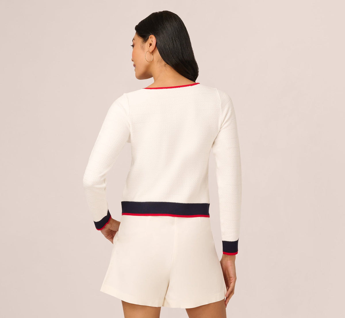 Long Sleeve Contrast Tipped Bow Sweater - Ivory Navy Red | Adrianna Papell