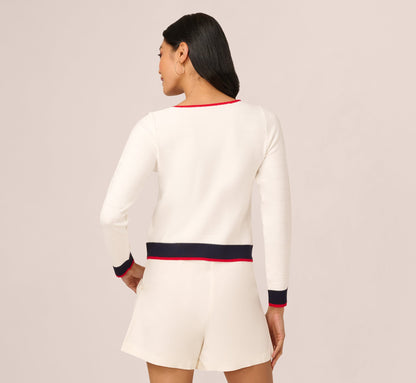 Long Sleeve Contrast Tipped Bow Sweater - Ivory Navy Red | Adrianna Papell
