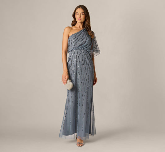 Draped One Shoulder Dress With Sequin Detail - Dusty Blue | Adrianna Papell