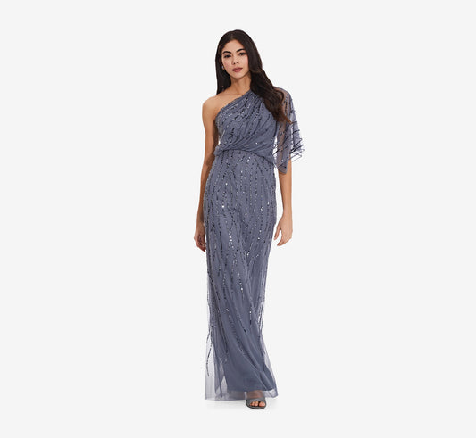 Draped One Shoulder Dress With Sequin Detail - Dusty Blue | Adrianna Papell