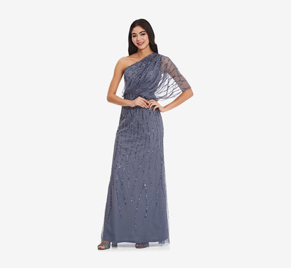 Draped One Shoulder Dress With Sequin Detail - Dusty Blue | Adrianna Papell