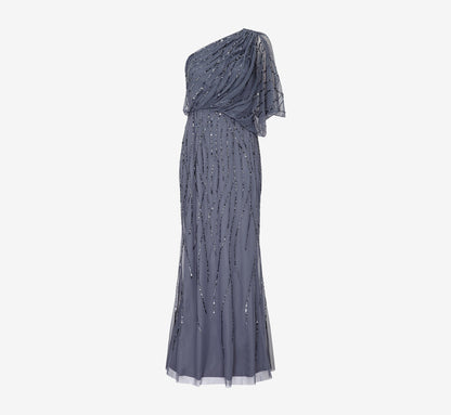 Draped One Shoulder Dress With Sequin Detail - Dusty Blue | Adrianna Papell