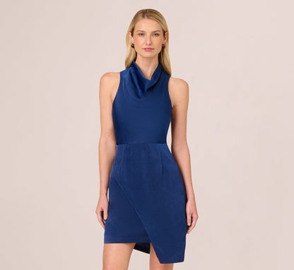 Satin Sleeveless Asymmetric Dress With Draped Neckline - Navy | Adrianna Papell